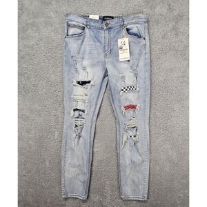 Victorious Mens 36x31 Jeans Distressed Patchwork Skinny Fit Light Indigo Stretch